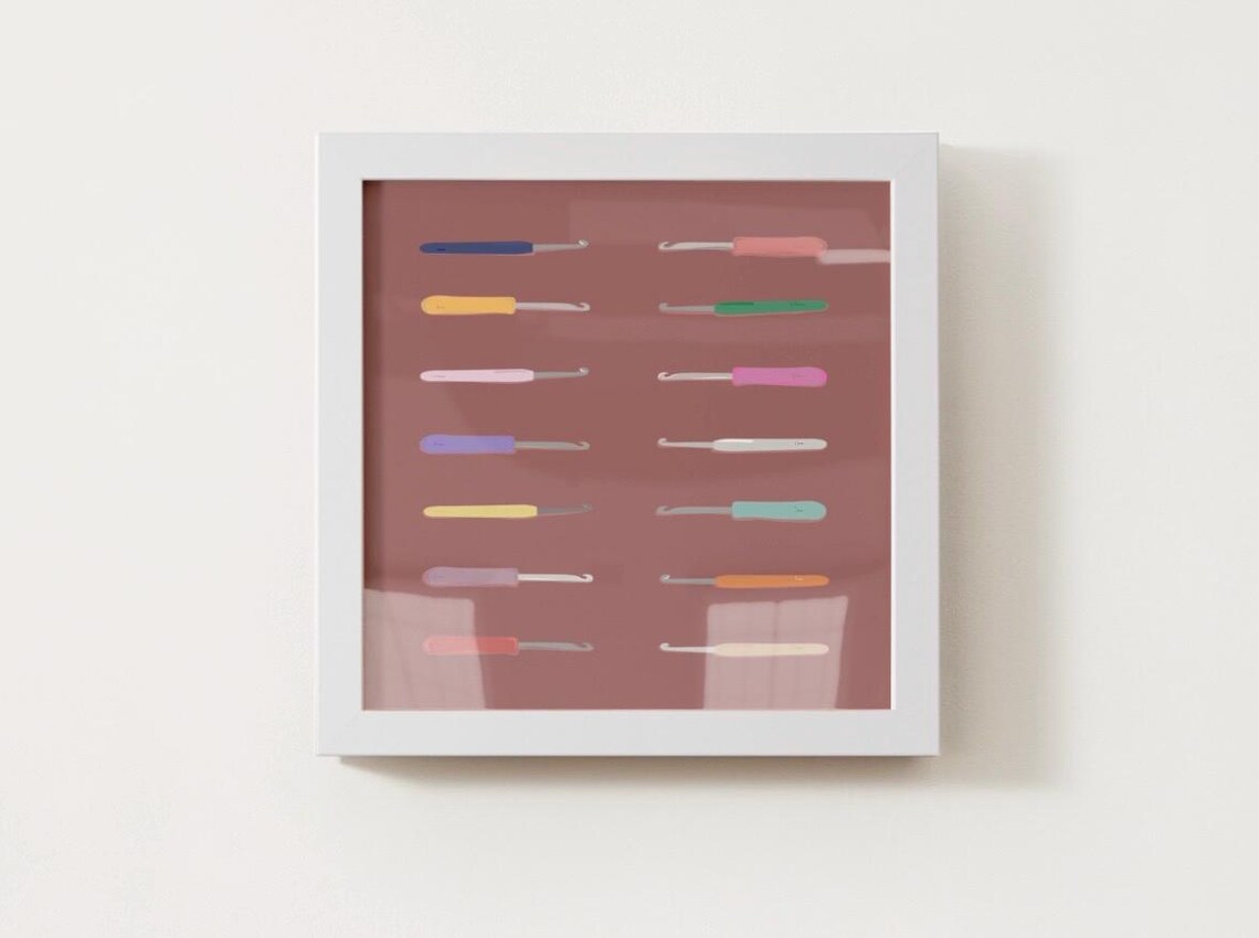 Colorful Crochet Hooks Collection On Mauve Background Craft Poster - Image 4