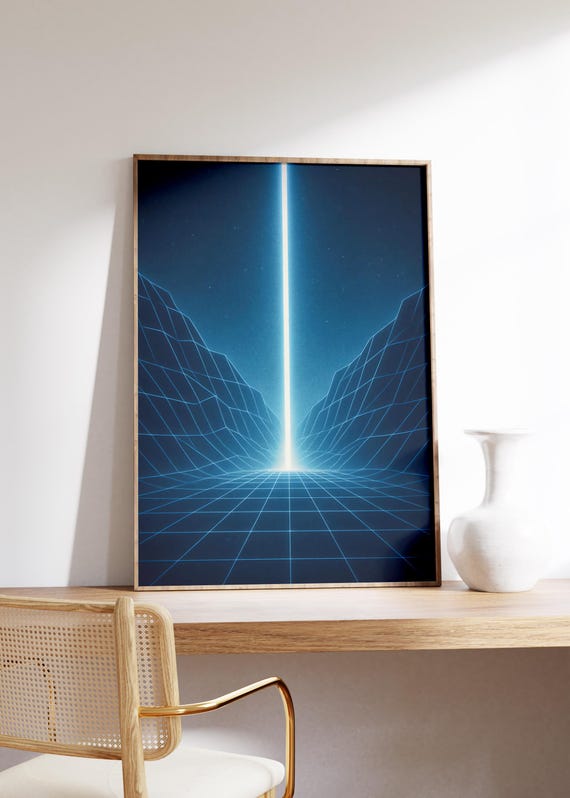 Synthwave Lightbeam Wall Art Print Glowing Grid Canyon Neon Blue Tones Retro Scifi Vibe Vhs Texture Minimalist Surrealism