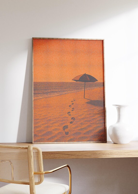 Footprints in Sand Beach Umbrella Orange Sunset Dotted Poster