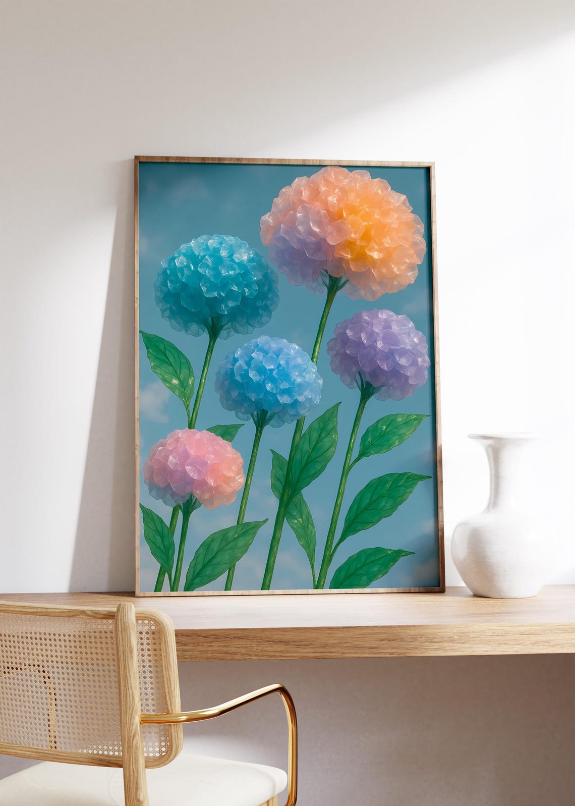 Pastel Hydrangea Cloud Blooms in Blue Pink Purple on Sky Poster