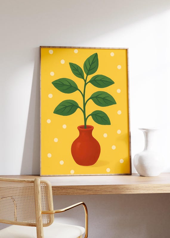 Basil Wall Art Print Red Vase Decor Yellow Background Playful White Dots Kitchen Herb Theme Bold Green Leaves Cheerful Cottage Style