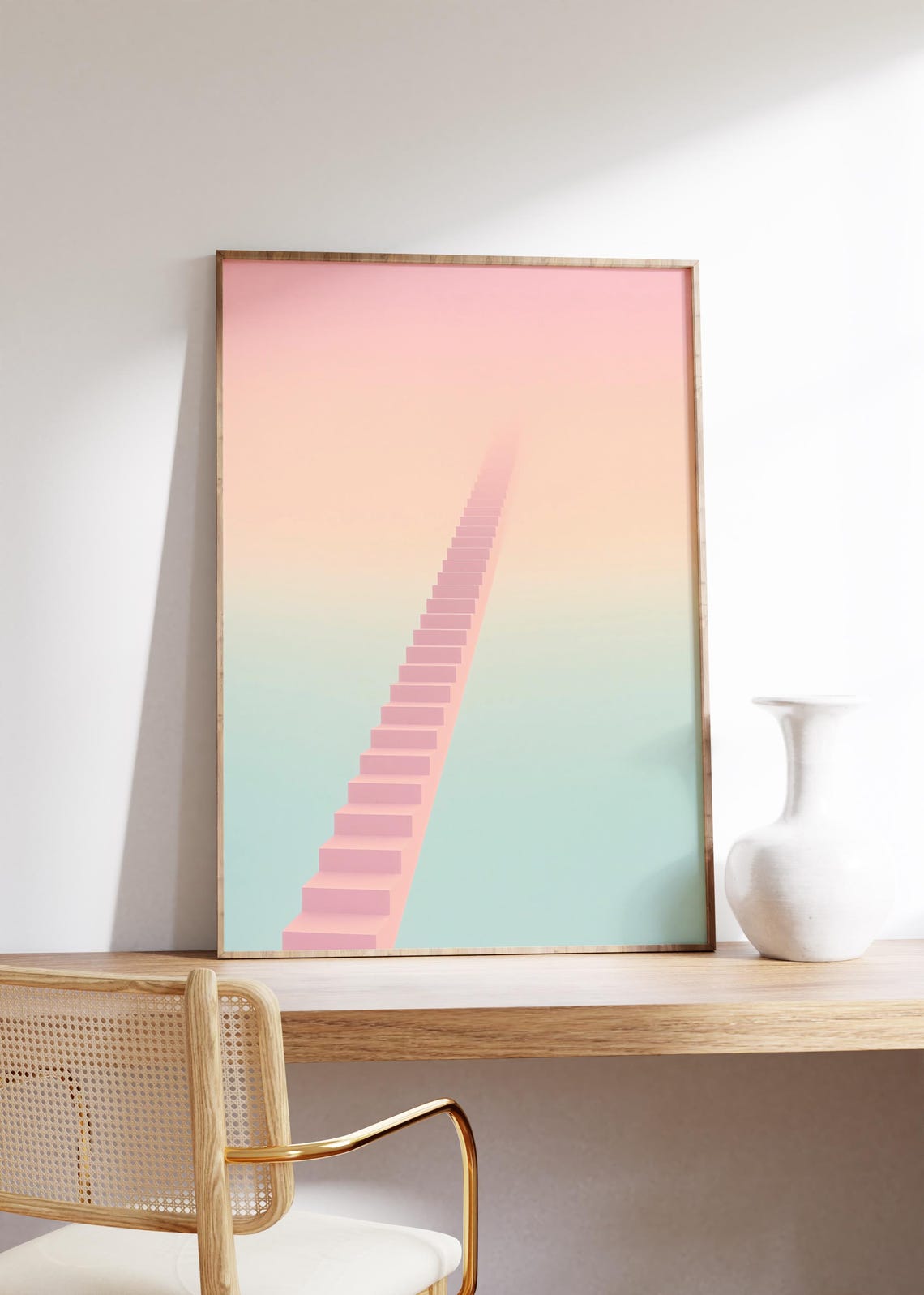 Pastel Pink Staircase Rising Into Gradient Sky Dreamcore Poster