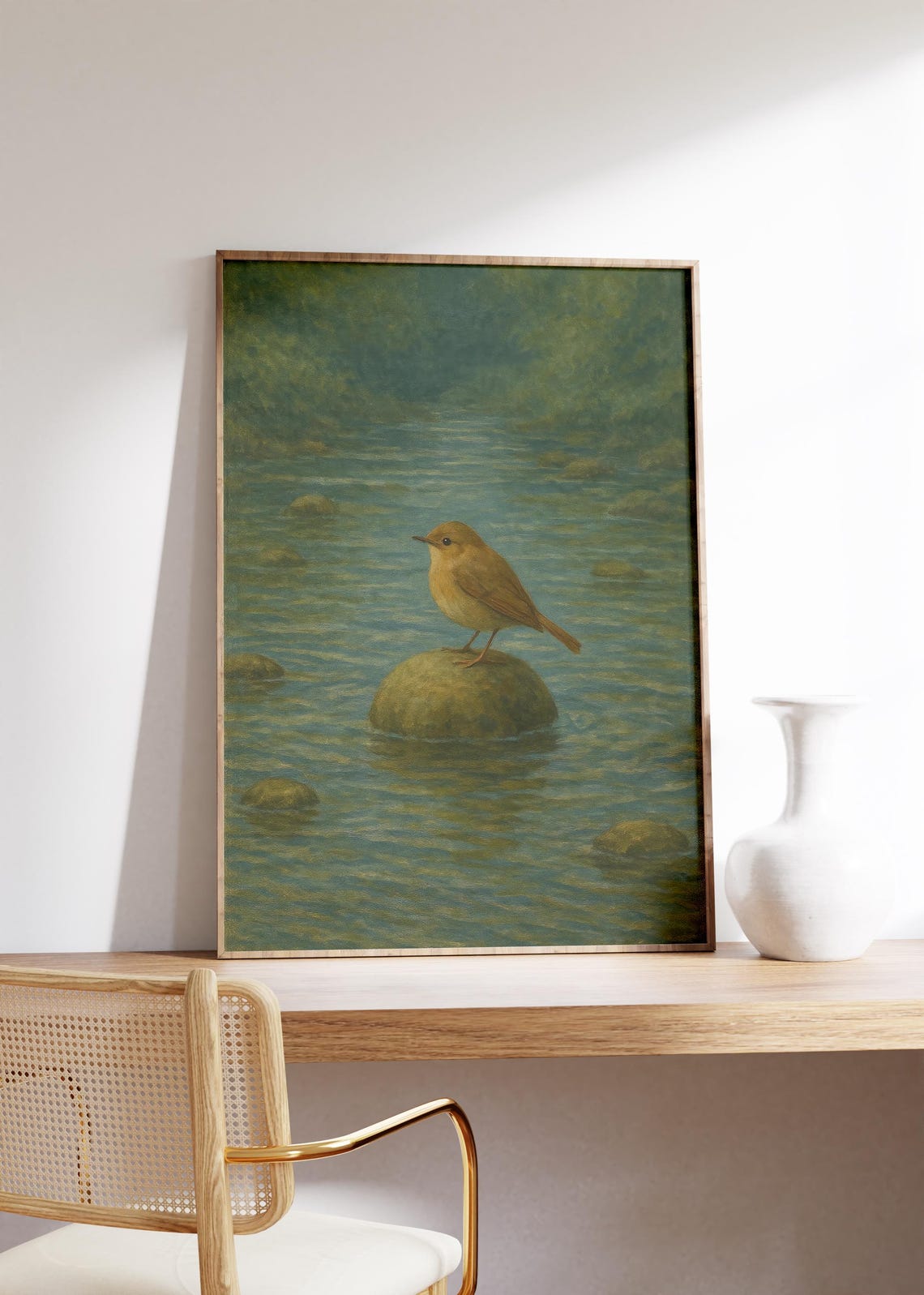 Small Brown Songbird on River Rock in Peaceful Stream Poster