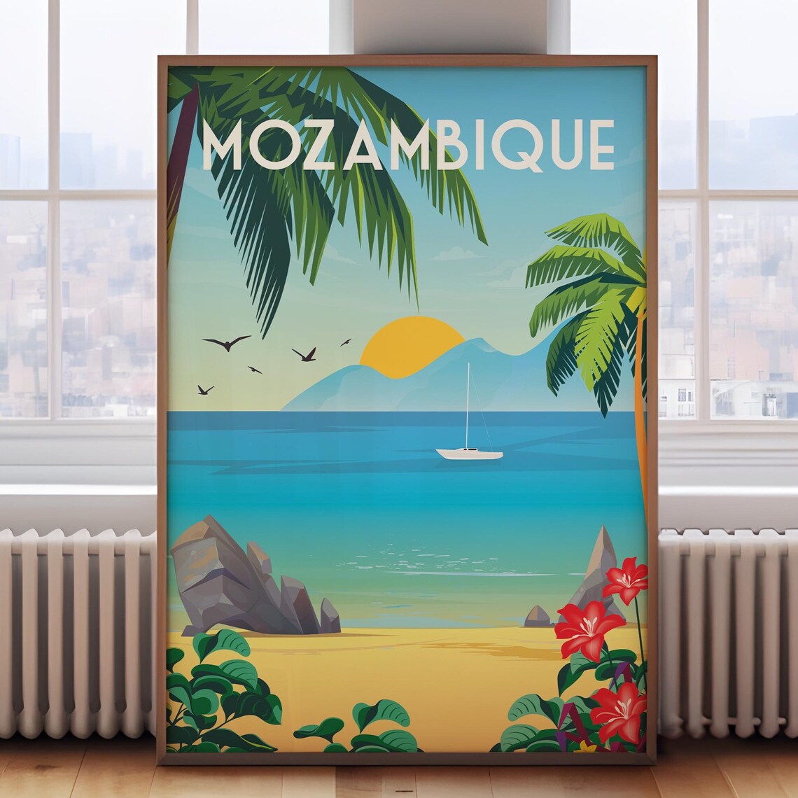 Mozambique Africa Golden Beach Palms Sailboat Sunset Travel Poster