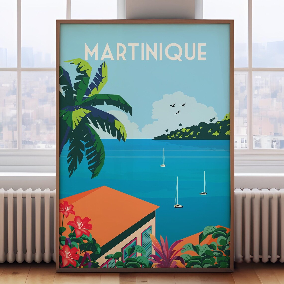 Martinique French Caribbean Bay Sailboats Hibiscus Travel Poster