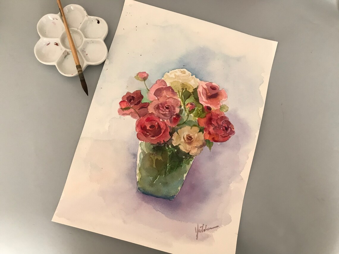 Bouquet of Pink and Cream Roses in a Green Vase Watercolor Poster - Image 3