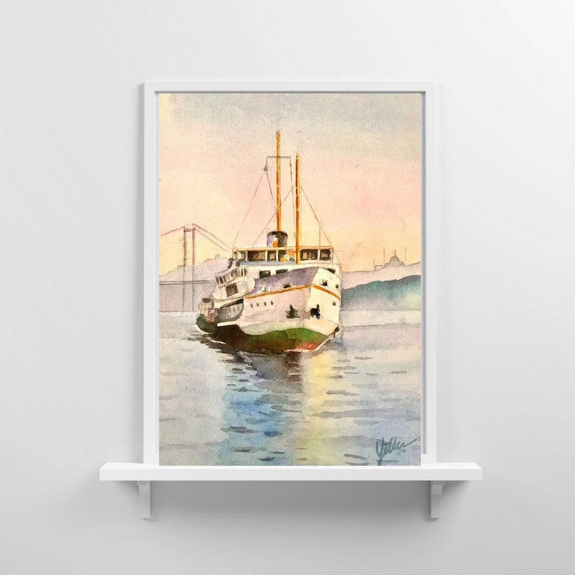 Istanbul Ferry on the Bosphorus Watercolor Poster with Bridge