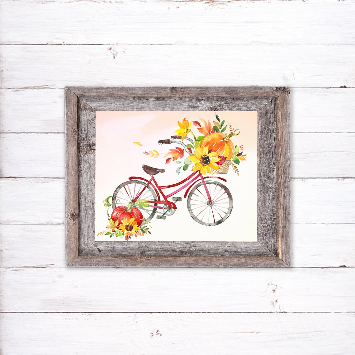 Red Bicycle With Sunflowers And Pumpkins Fall Watercolor Poster - Image 3