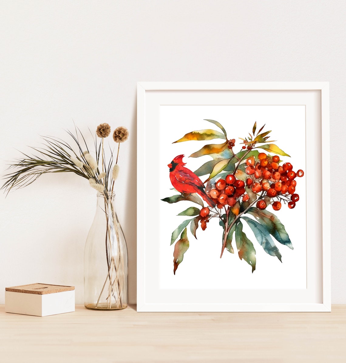 Red Cardinal On Winter Berry Branch Watercolor Bird Wall Art - Image 3