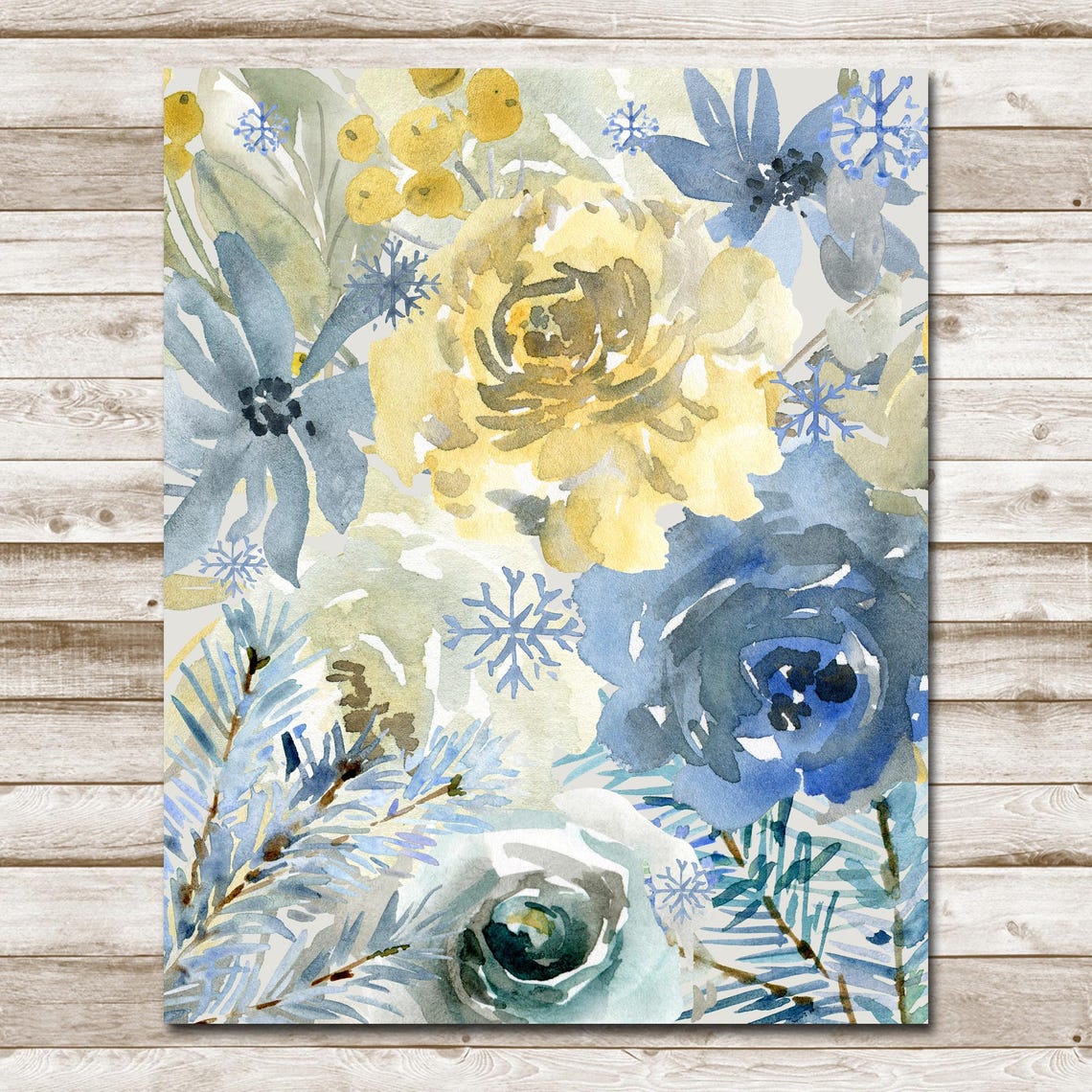 Frosty Blue Gold Winter Floral Collage Watercolor Snowflake Poster - Image 10
