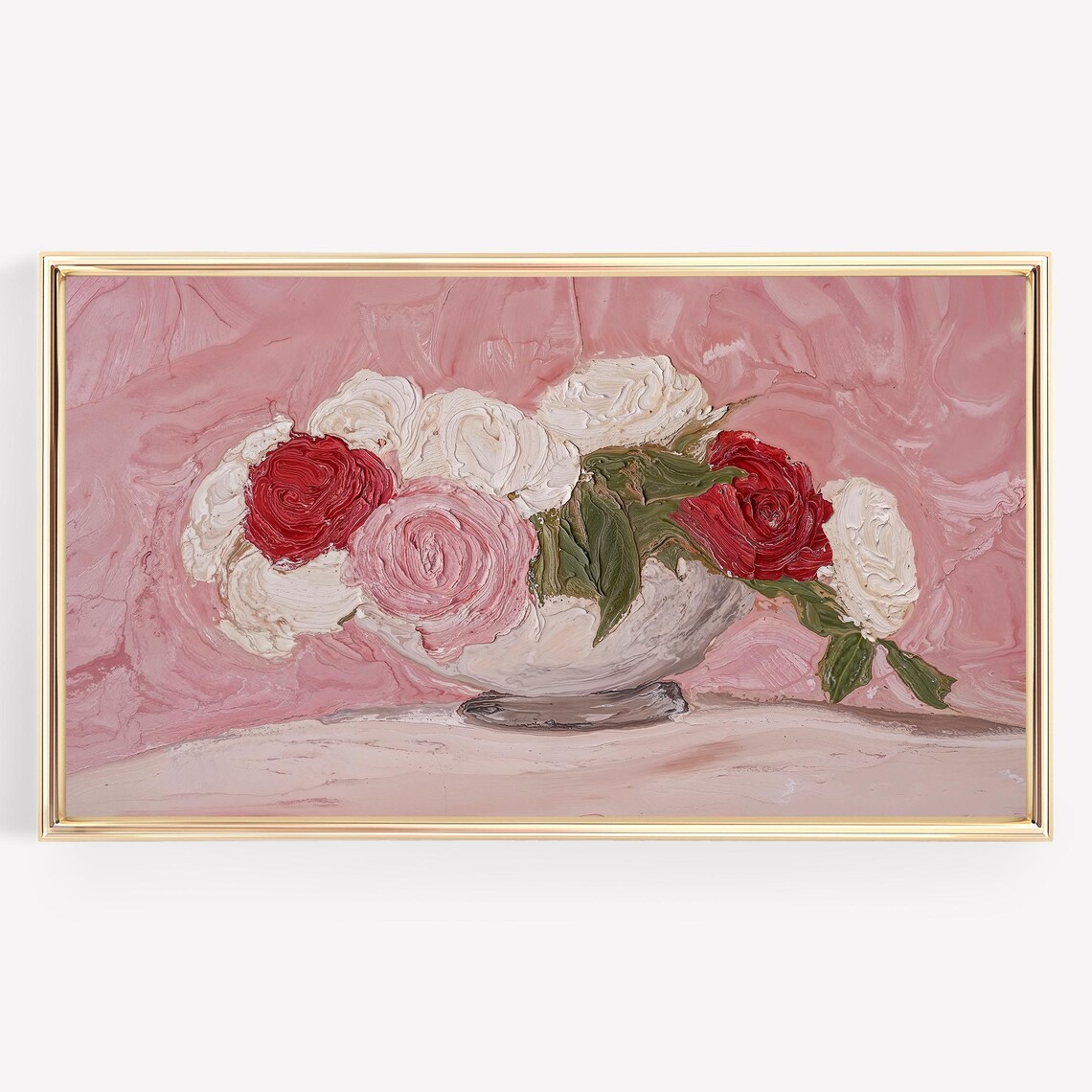 Textured Impasto Roses Bowl Pink Background Vintage Floral Oil Print
