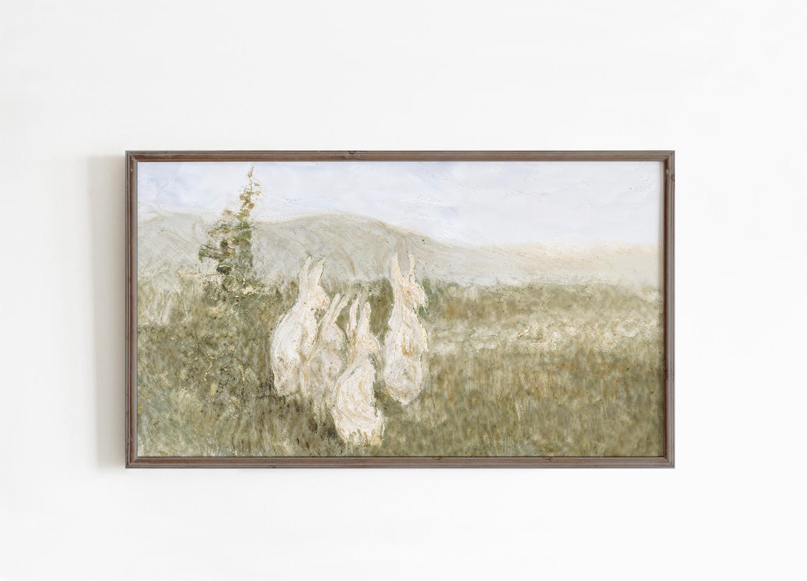White Bunnies Abstract Textured Rabbits Neutral Field Painting Poster - Image 4