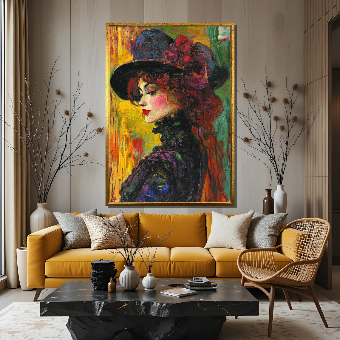 Impressionist Woman in a Black Hat with Red Roses Painting Poster - Image 3