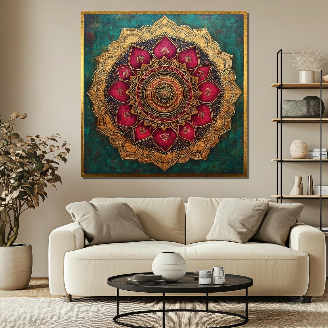 Intricate Red and Gold Mandala on Deep Teal Background Art Print - Image 3