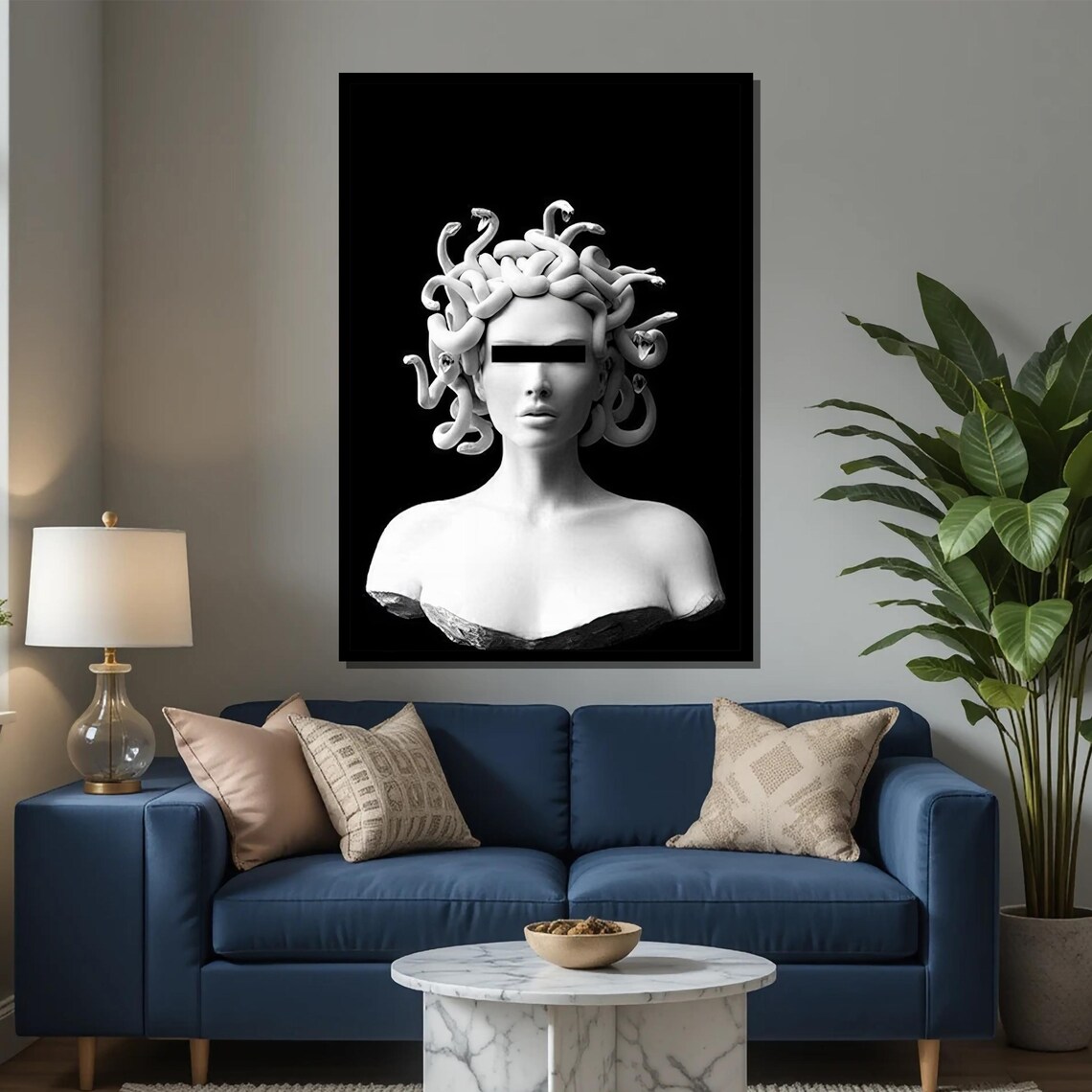 Medusa Bust Sculpture in Black and White with Covered Eyes Poster - Image 2