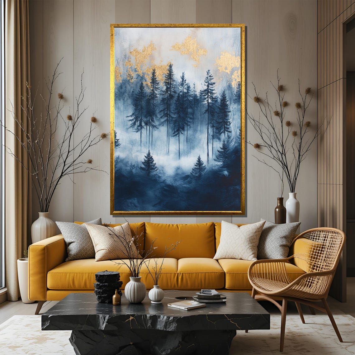 Misty Forest Painting Blue And Gold Landscape Art Serene Nature Wall Decor Elegant Gift For Home - Image 3