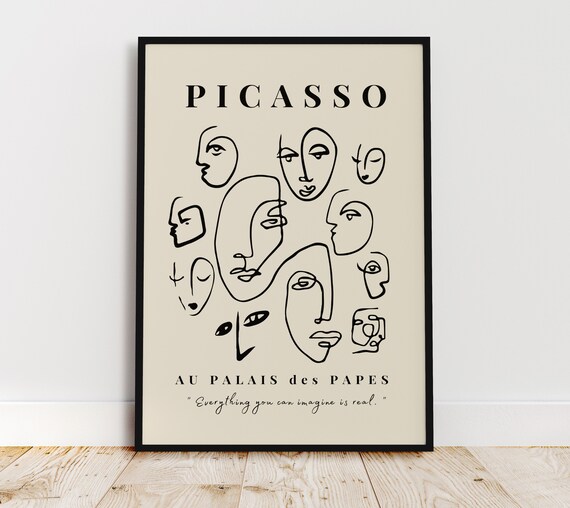 Picasso Line Art Faces Exhibition Style Beige Minimalist Poster