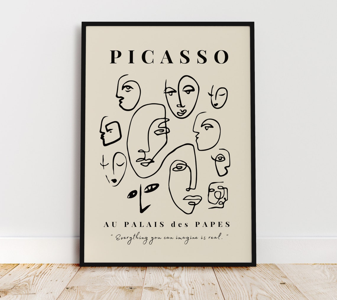 Picasso Line Art Faces Exhibition Style Beige Minimalist Poster