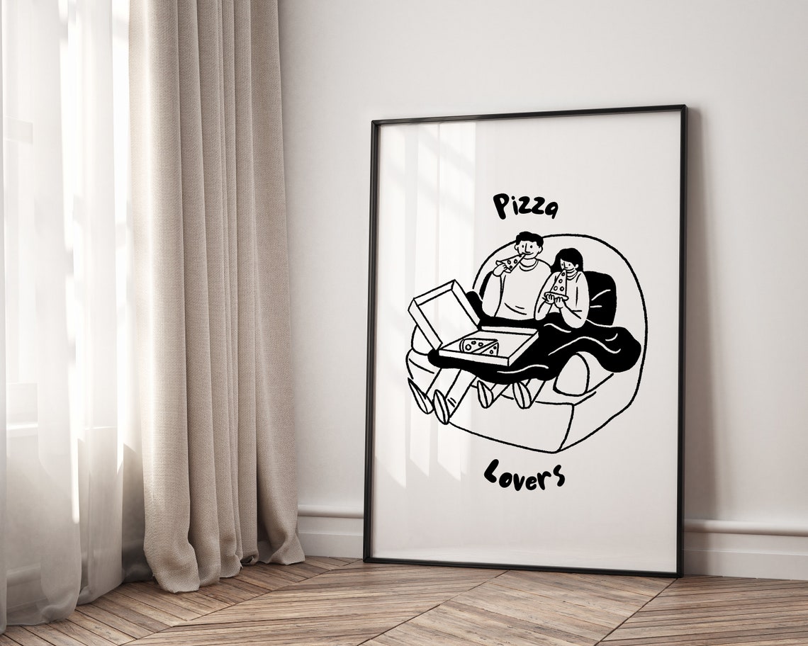 Pizza Lovers Cute Couple Couch Doodle Black White Food Poster - Image 8