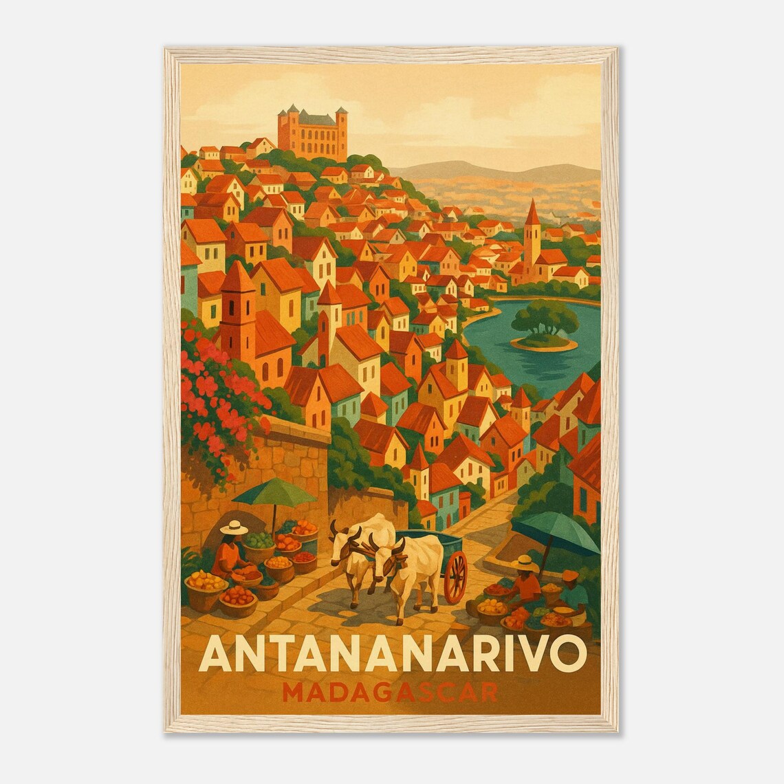 Antananarivo Madagascar Red Roof Hillside City Vintage Travel Poster