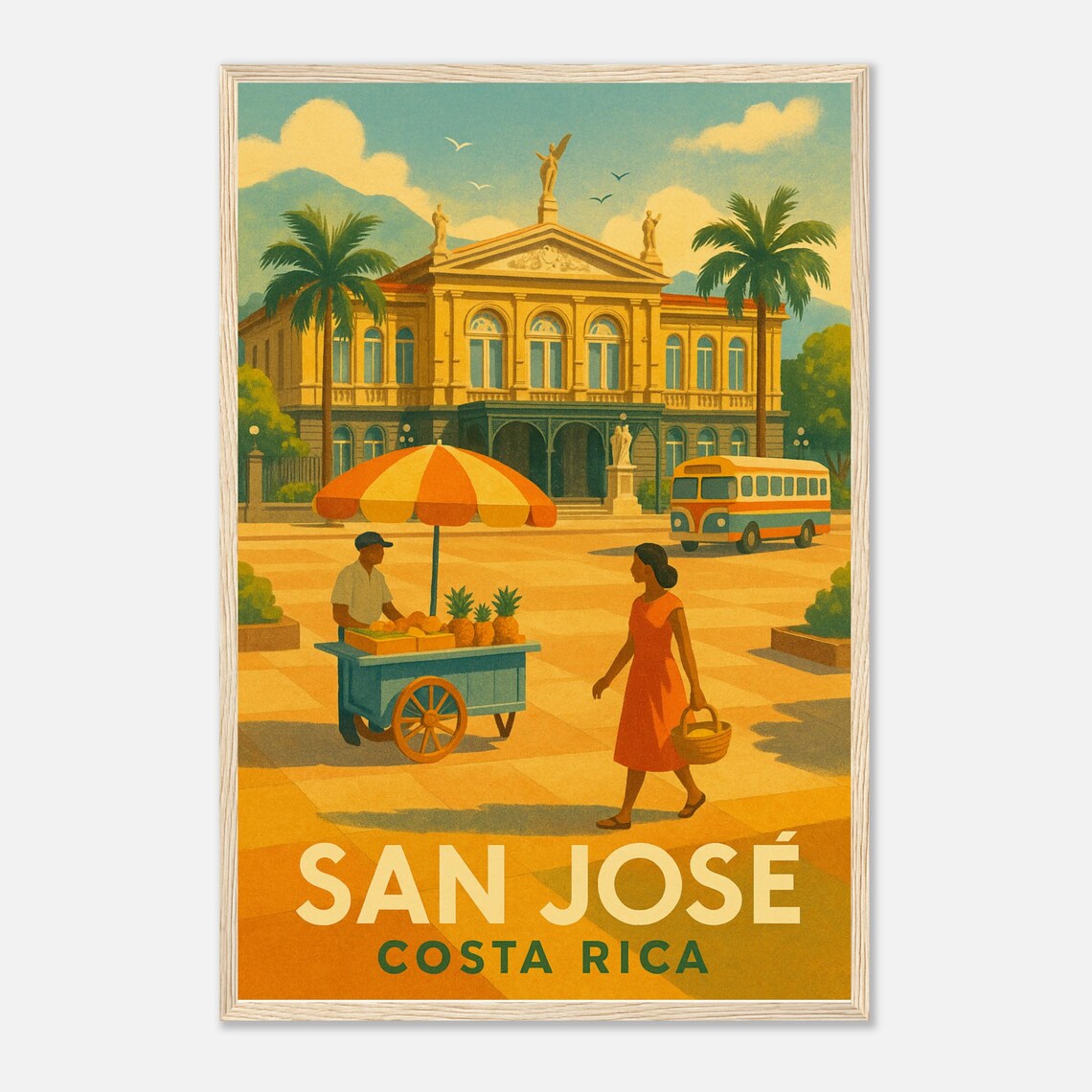 San Jose Costa Rica Theater With Pineapple Cart Vintage Poster