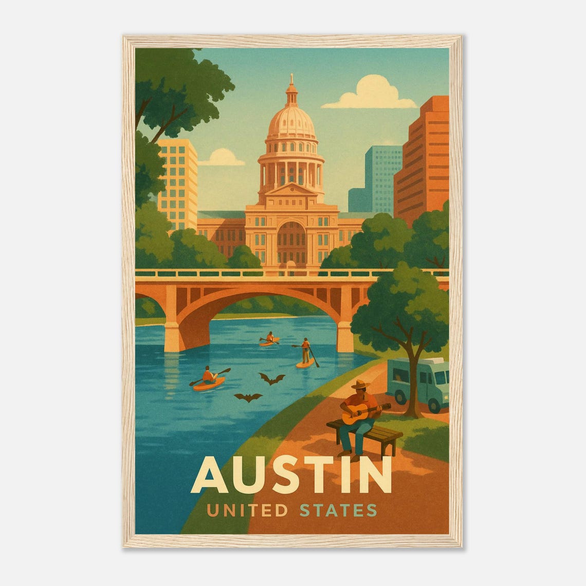 Austin Texas Capitol Dome With Kayakers On The River At Sunset Poster