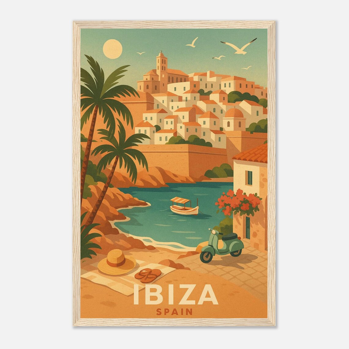 Ibiza Spain Old Town Hill Above Mediterranean Cove Scene Poster