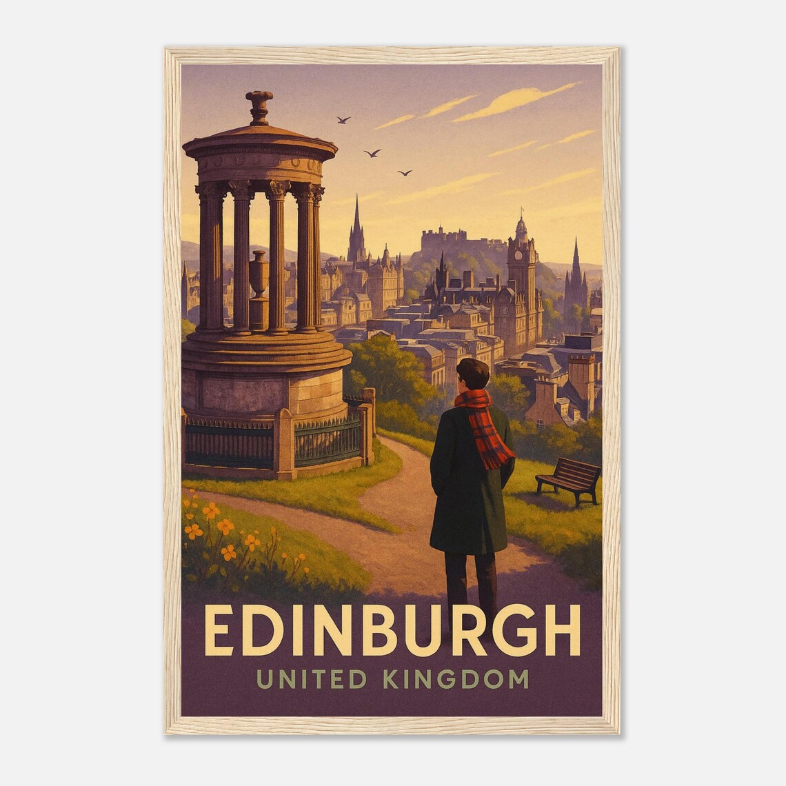 Edinburgh Scotland Travel Poster Retro Vintage Print Of Calton Hill Dugald Stewart Monument Castle Wall Art City Decor