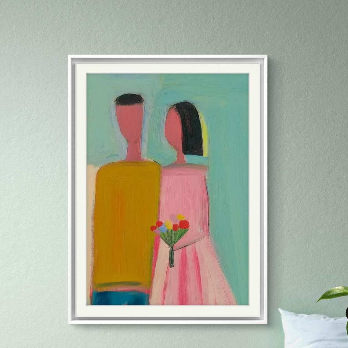 Elegant Bride Pink Dress Flowers Naive Couple Back View Wedding Art Poster