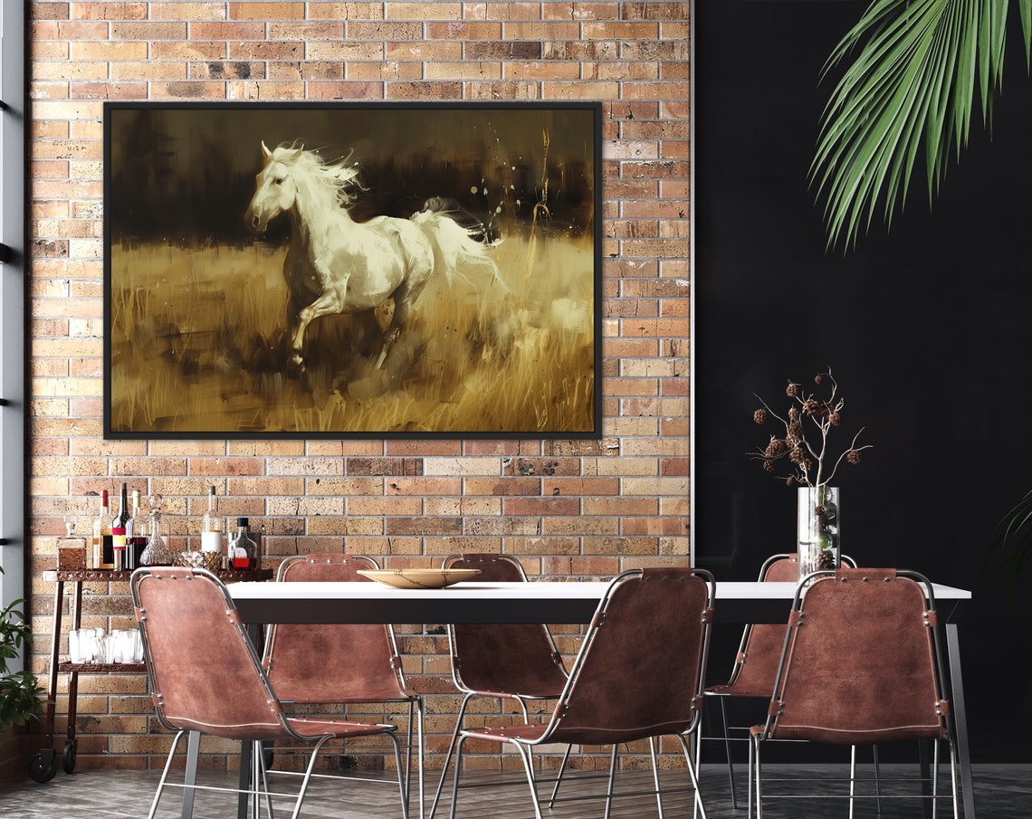 Majestic White Horse Galloping Through Golden Field Art Poster