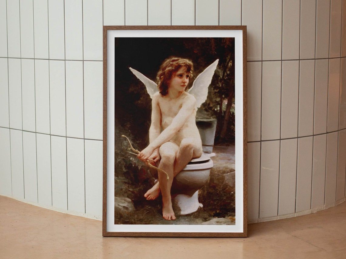 Funny Classical Cherub Sitting On Toilet Bathroom Humor Poster
