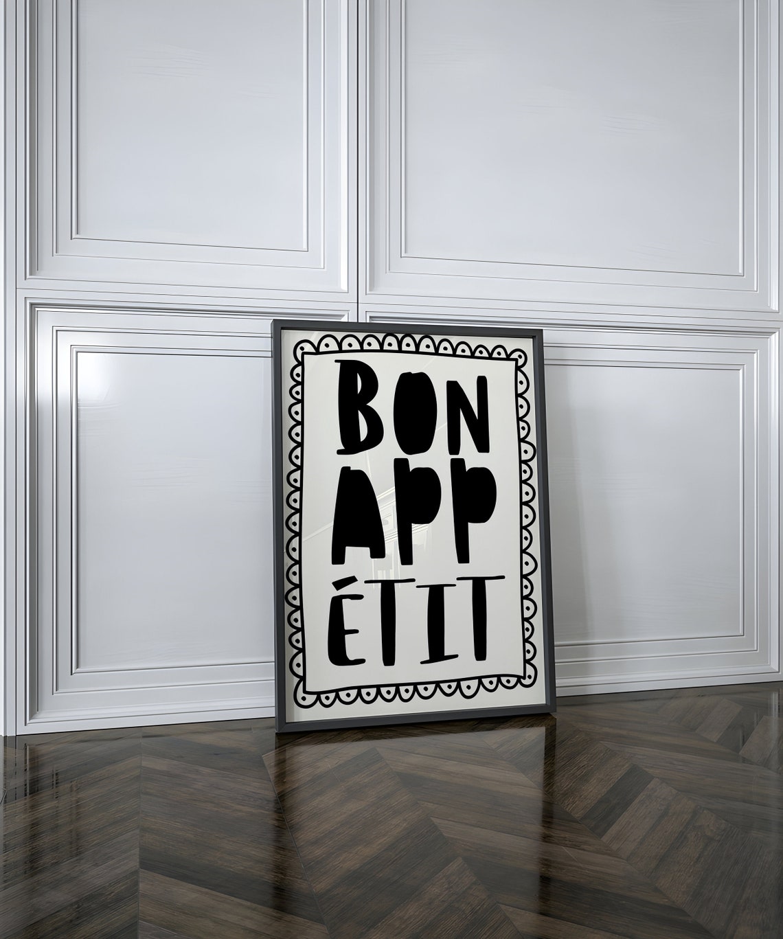 Bon Appetit Black Typography Scalloped Border Kitchen Poster - Image 2