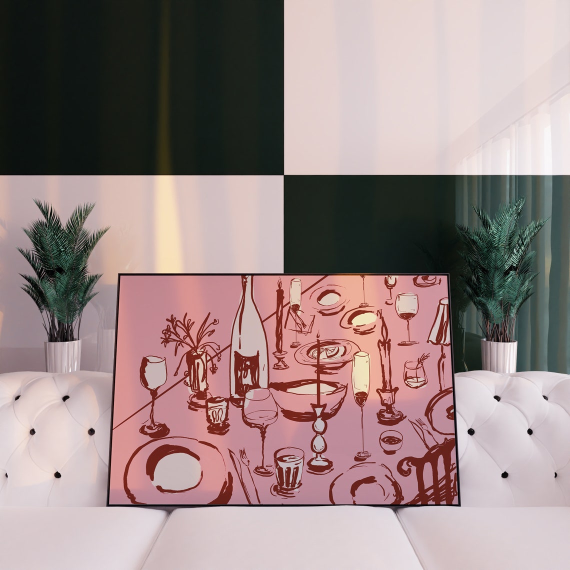 Pink Wine and Cheese Dinner Table Horizontal Illustration Poster - Image 4