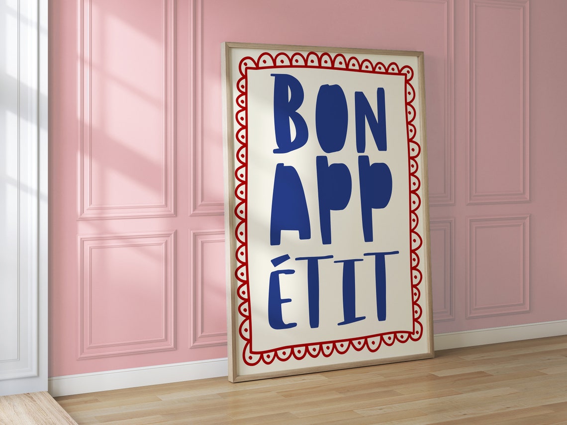Bon Appetit Blue Typography With Red Scalloped Border Poster - Image 2