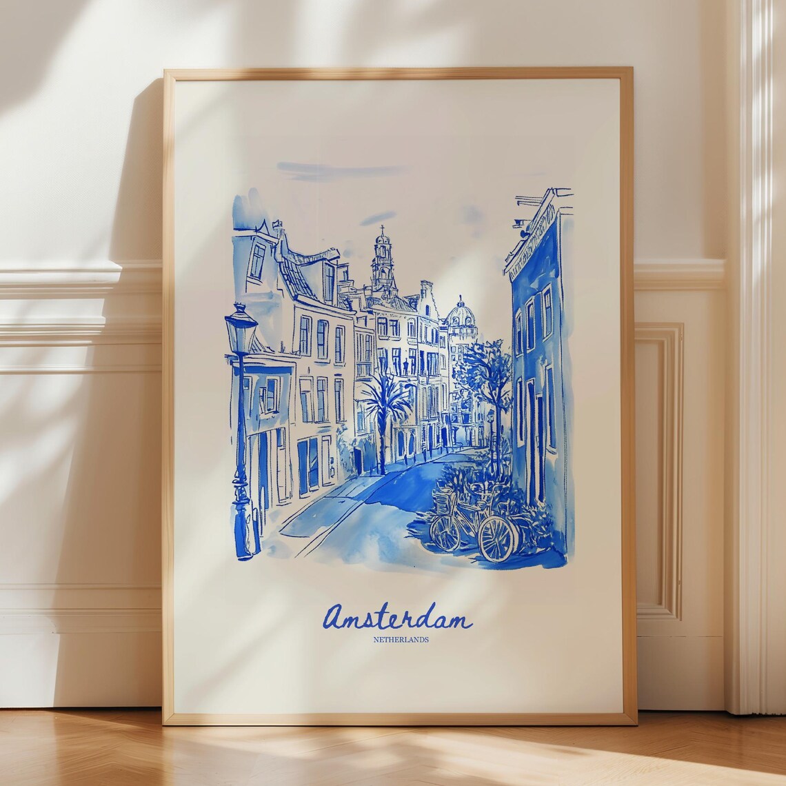 Amsterdam Netherlands Travel Poster Navy Blue Canal Sketch Decor