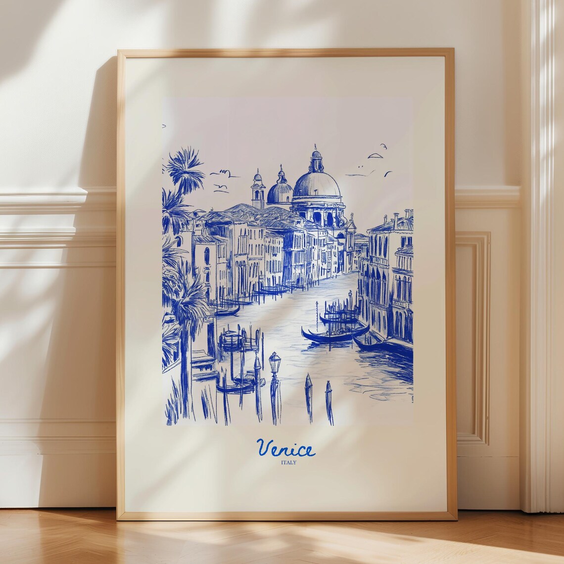 Venice Italy Blue Ink Grand Canal Gondola Sketch Travel Poster