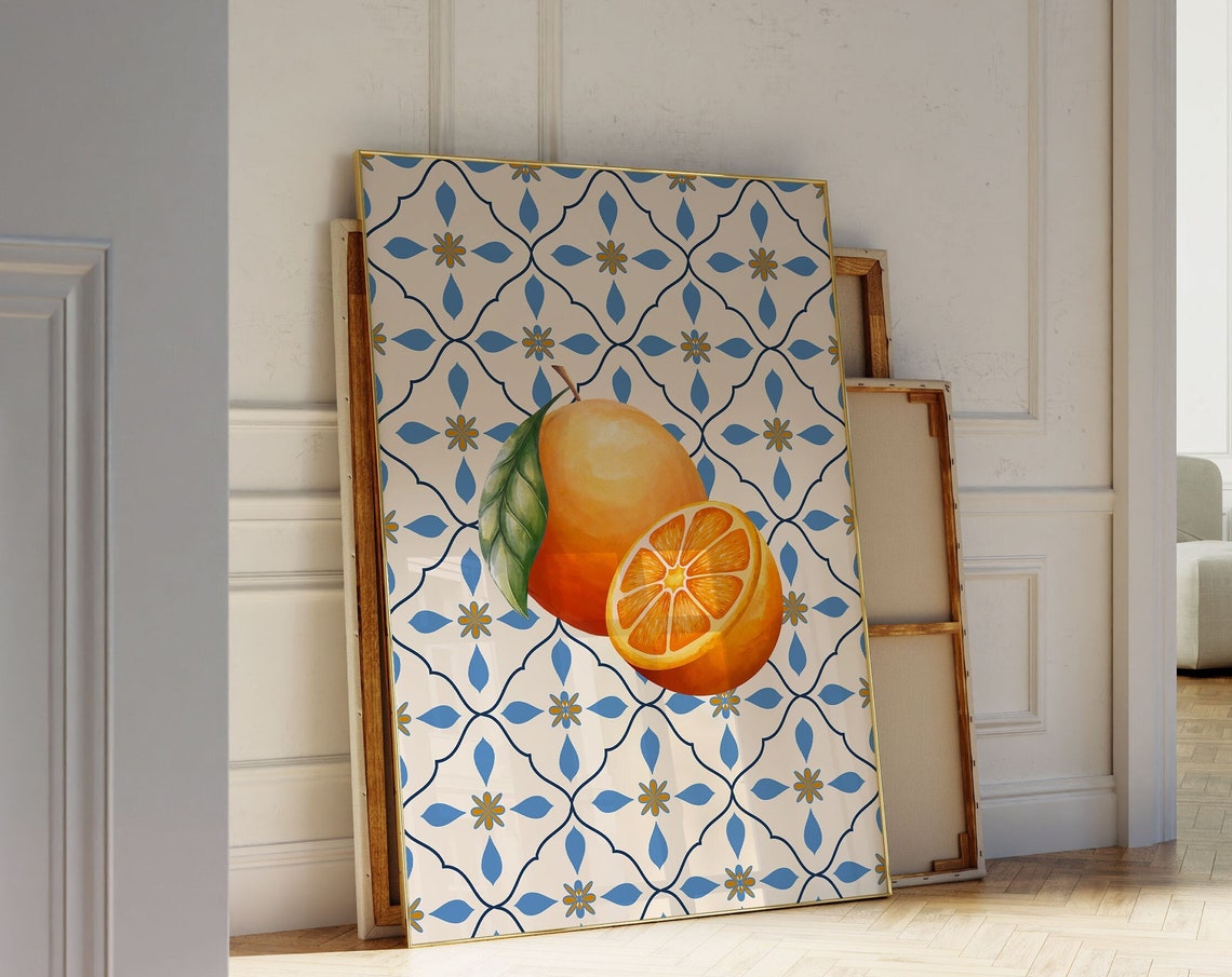 Sunny Oranges on Blue Mediterranean Tile Pattern Kitchen Poster