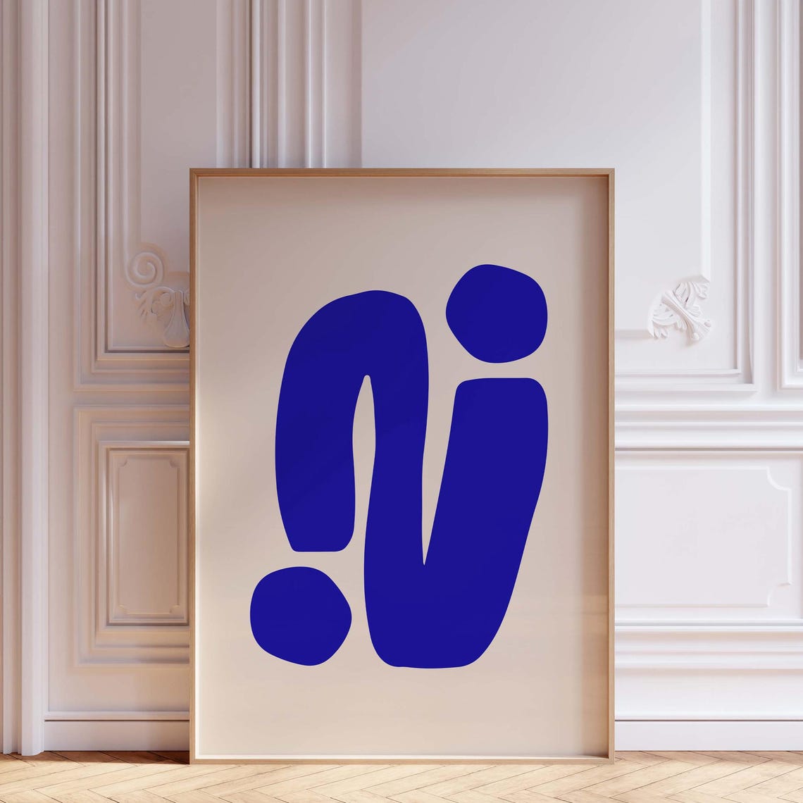 Royal Blue Abstract Blob Shape Wall Art on Warm Cream Background