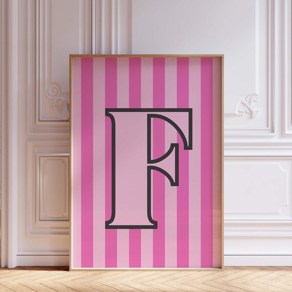 Letter F Black Outline Pink Striped Monogram Alphabet Poster