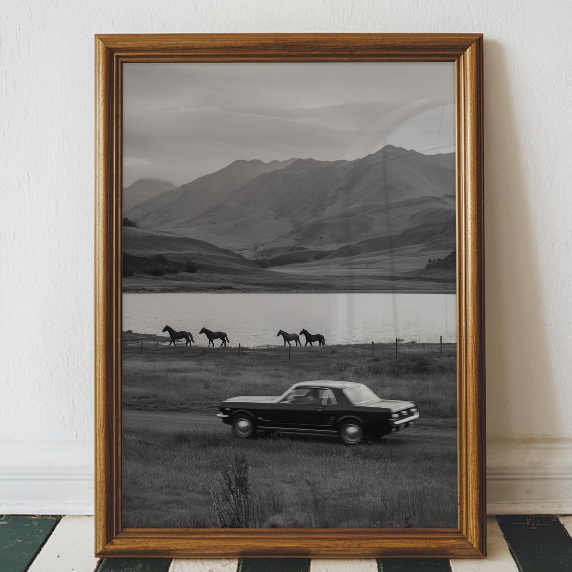 Vintage Mustang Fastback Mountain Lake Horse Western Black White Poster