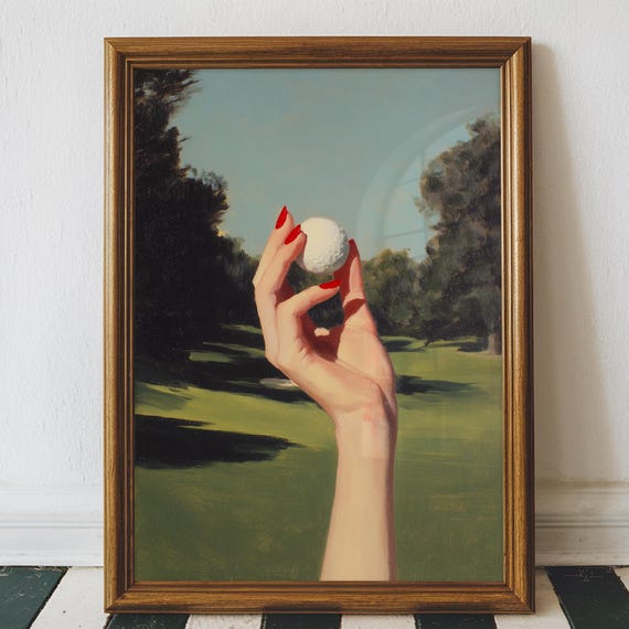 Red Nail Hand Holding Golf Ball Retro Golf Course Fairway Art Poster