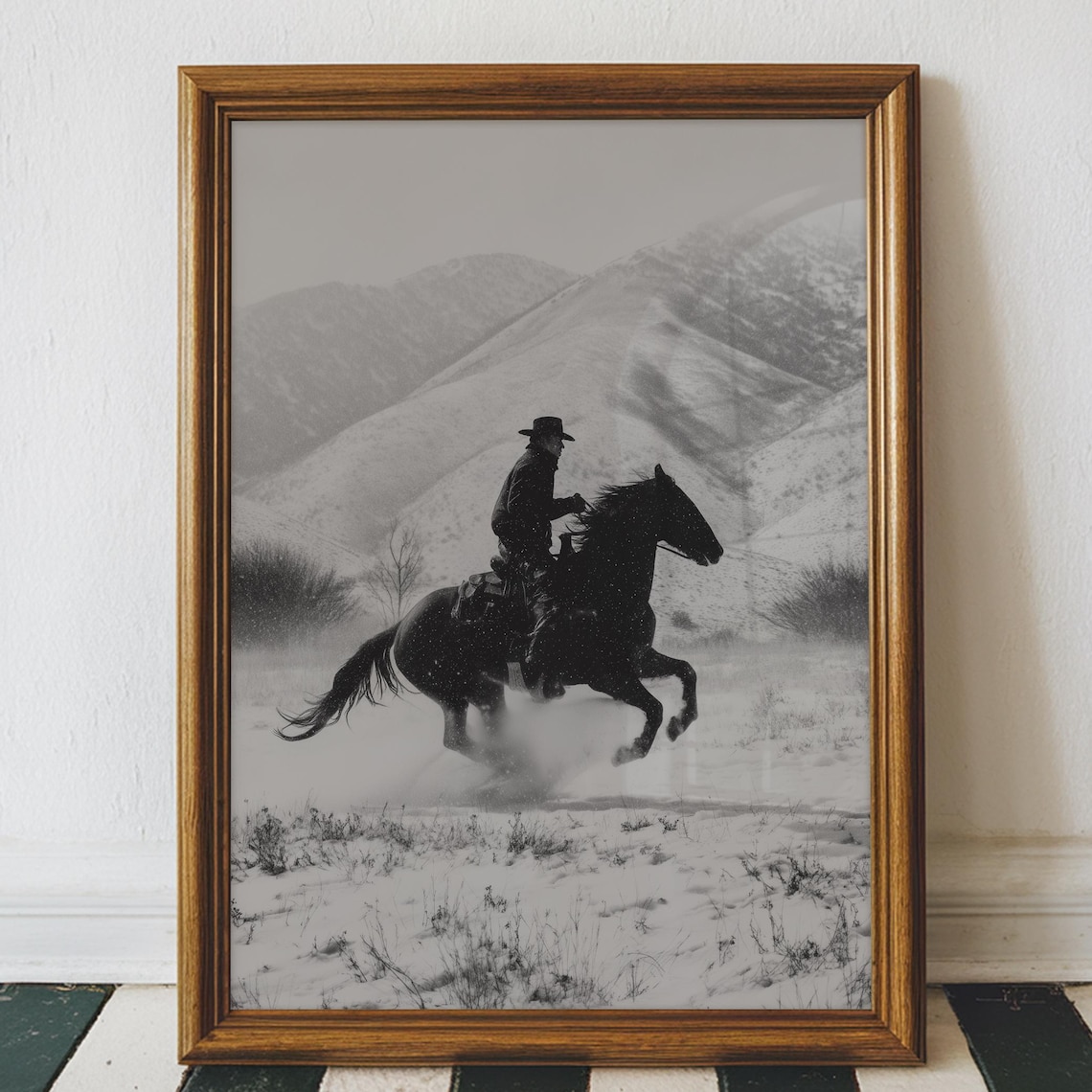 Vintage Cowboy Snow, Western Wall Art Print
