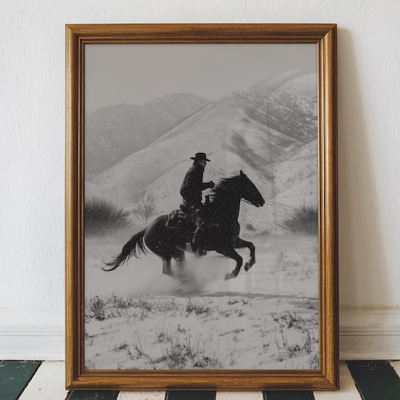 Vintage Cowboy Snow, Western Wall Art Print