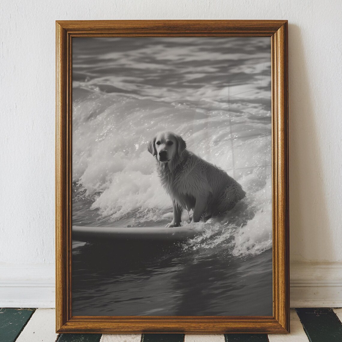 Golden Retriever Surfing Ocean Wave Black and White Funny Dog Poster
