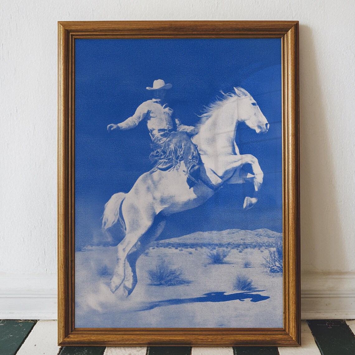 Cowboy Riding Rearing White Horse Blue Duotone Desert Western Art Poster