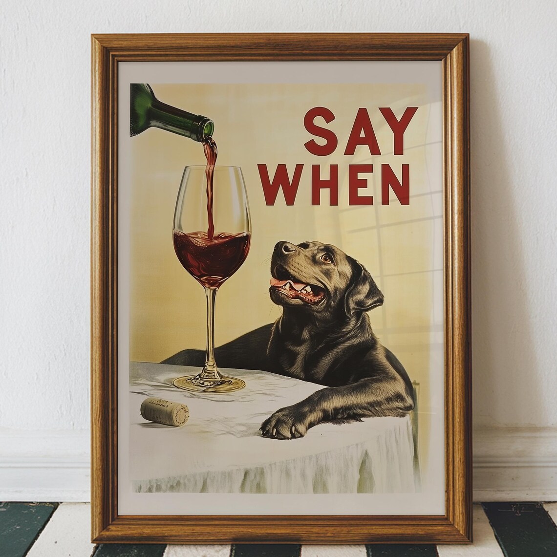 Funny Chocolate Lab Wine Bar Art Print, Vintage Dog