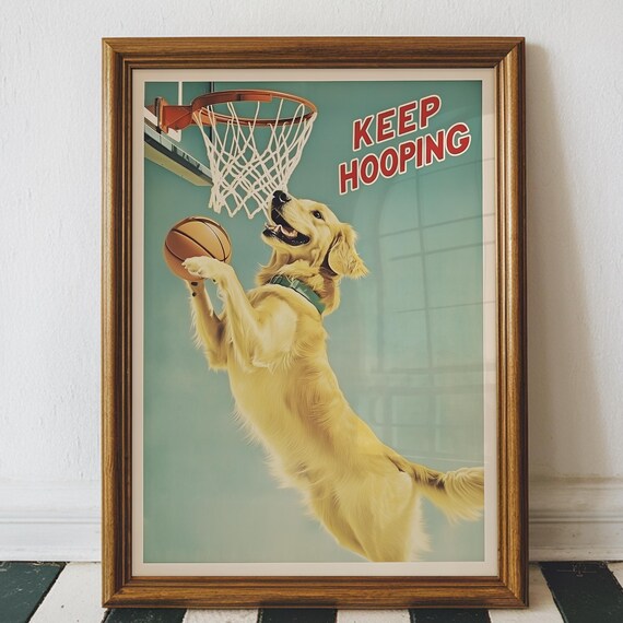 Funny Golden Retriever Basketball Art Print Vintage Dog Poster Digital Download