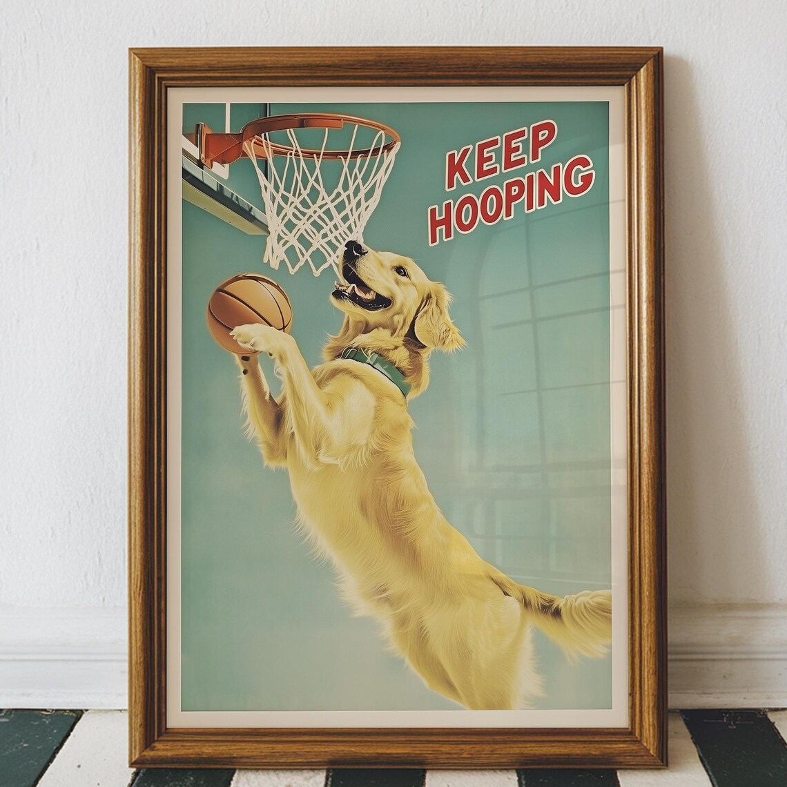 Keep Hooping Golden Retriever Basketball Vintage Motivational Sports Poster