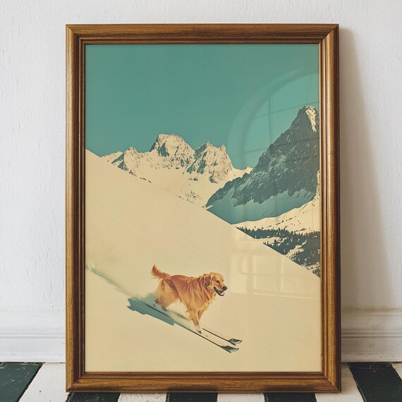 Funny Golden Retriever Ski Poster, Vintage Dog Art Print