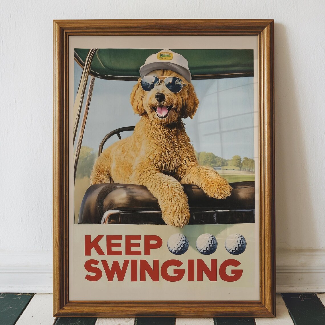 Funny Goldendoodle Golf Print, Vintage Dog Art